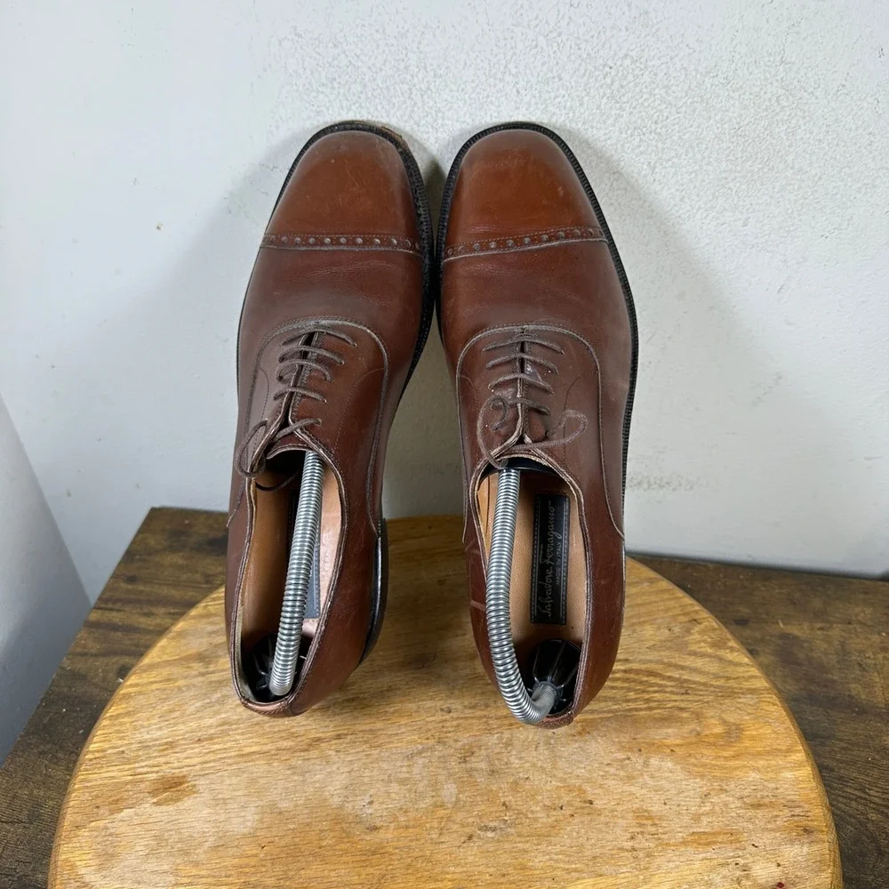 Salvatore Ferragamo Tramezza Brown Leather Cap Toe Oxford Shoes Mens 8 D Italy